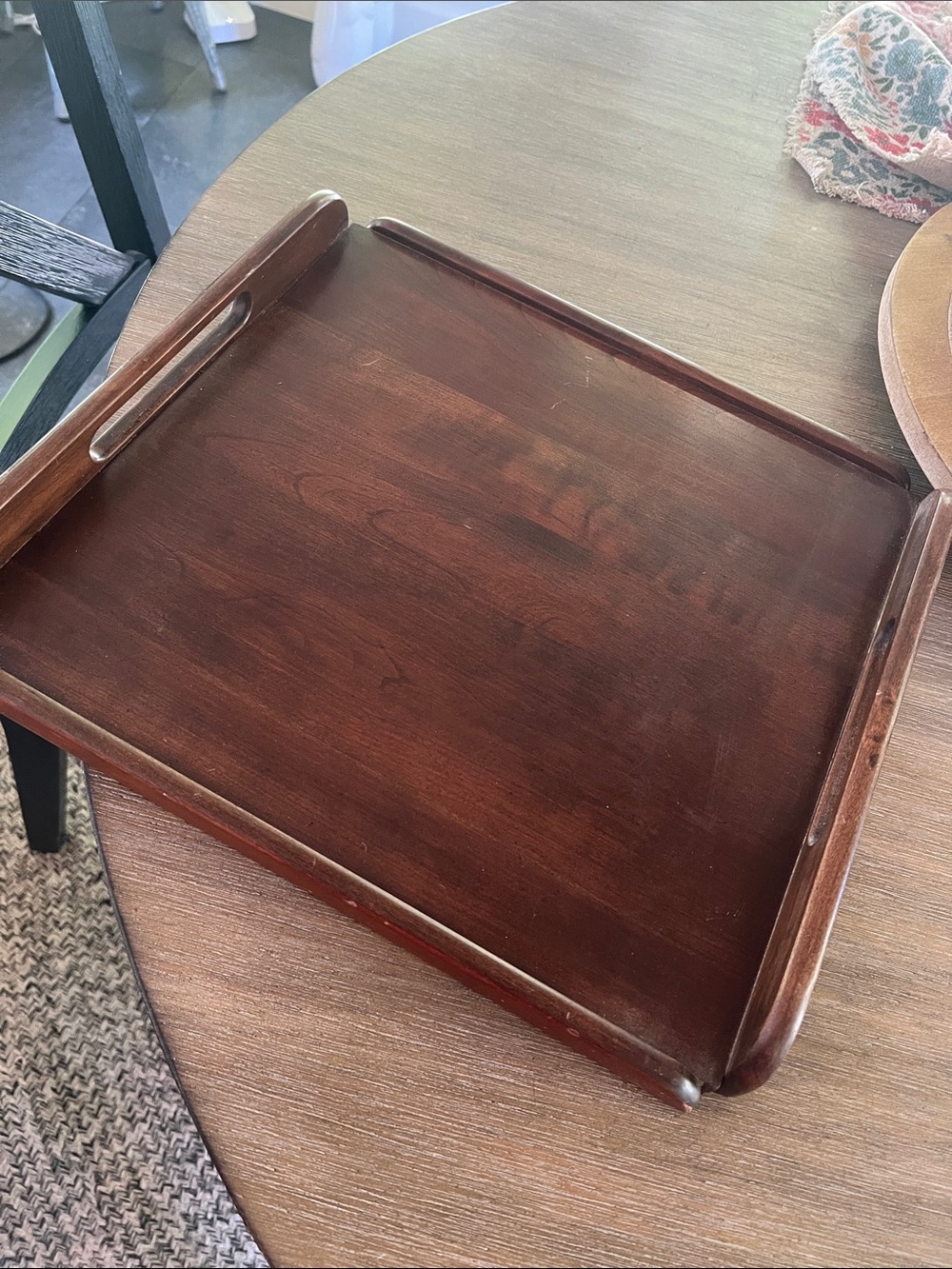 Vintage Classic Dark Wood Serving Tray with handles for carrying.